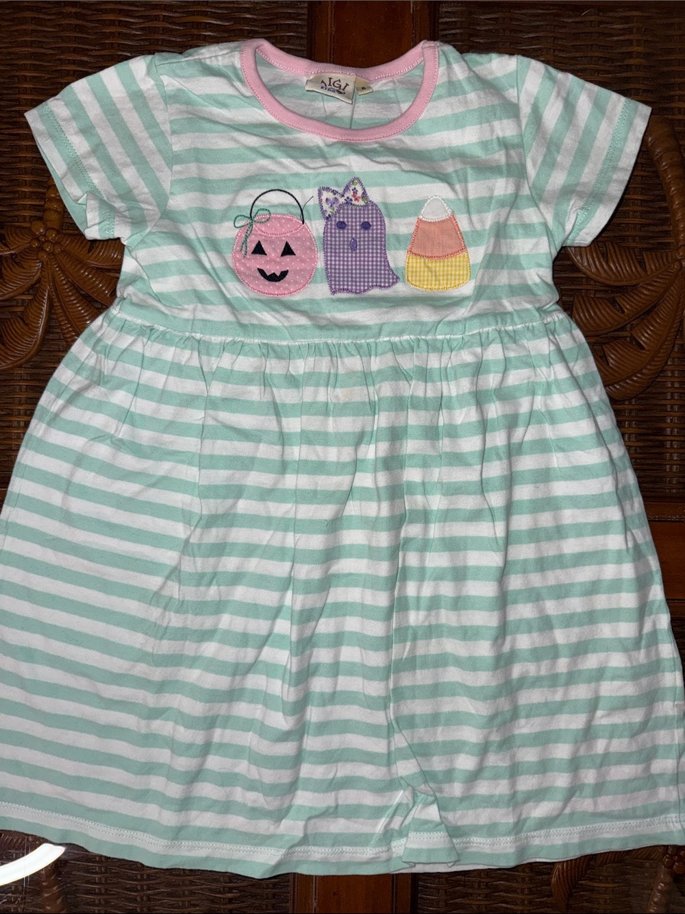 Luigi Kids Kids Mint & White Striped Halloween Applique Dress